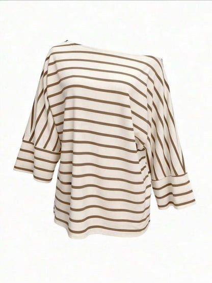 Off-shoulder Sloping Shoulders Loose-fit Stripes Commuting T-shirts