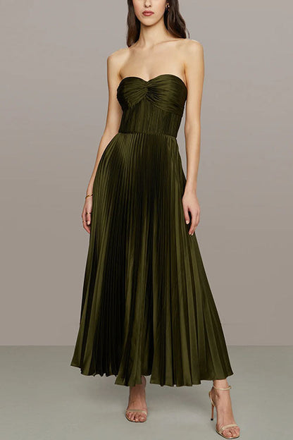 Strapless Twist Front Pleated Swing Maxi Dress