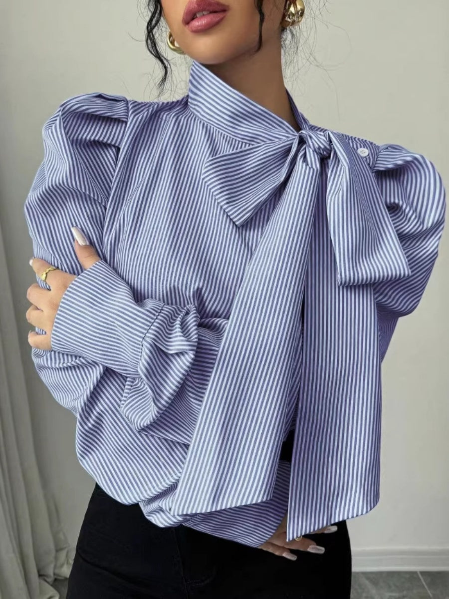 Puff Sleeve Bow Ribbon Stripes Leisure Shirts