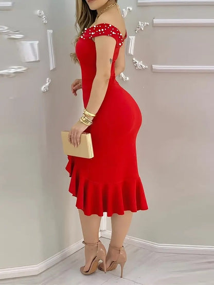 Bodycon, Off-the-shoulder, Ruffled Midi Dress