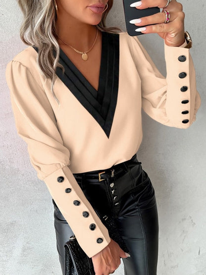 V-neck Solid Color Long-sleeved Button-down Women's Shirt