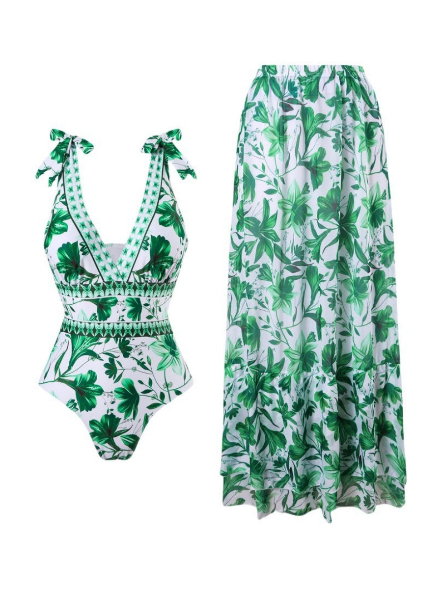 Blue And White Porcelain Print One-piece Slimming And Figure-flattering Long Swimsuit And Sun Protection Dress Two-piece Set