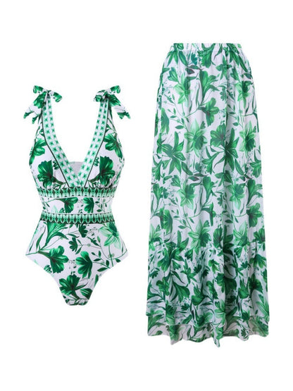 Blue And White Porcelain Print One-piece Slimming And Figure-flattering Long Swimsuit And Sun Protection Dress Two-piece Set