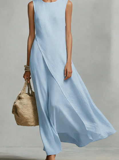 Sleeveless Asymmetrical Hem Cotton-linen Blend Long Dress