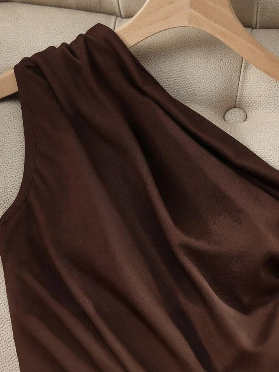 Brown Asymmetrical Off-shoulder Pleated Sleeveless Top And Shorts Two-piece Set