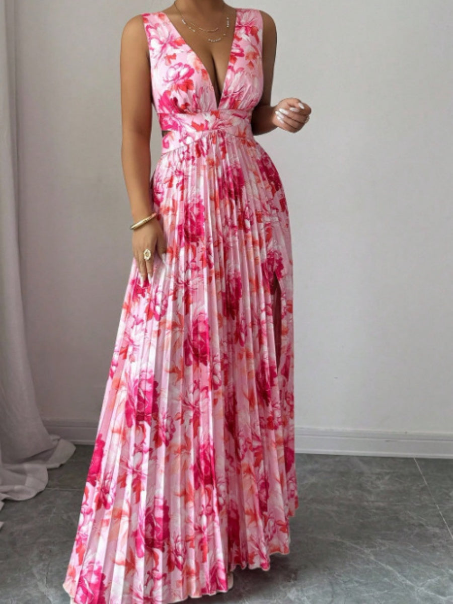 Sexy Deep V-neck Sleeveless Floral Print Maxi Dress With Slit Hem And Pleats