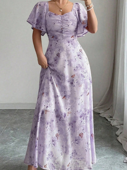 Floral Lotus Leaf Sleeves Sweetheart Collar Vacation And Leisure Maxi Dresses