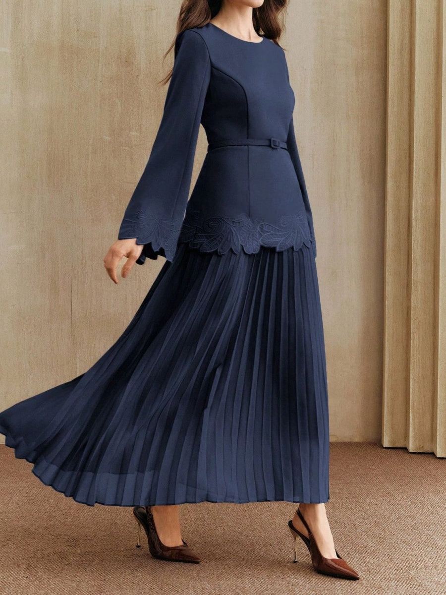 Applique Including Belt Pleats Maxi Dresses