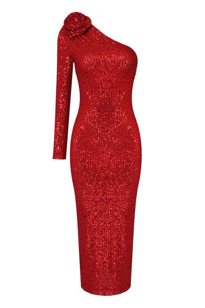 One Shoulder Rosette Detail Long Sleeve Sequin Midi Dress