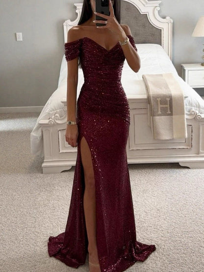 Sequins One-shoulder Collar Slit Pleated Maxi Dresses