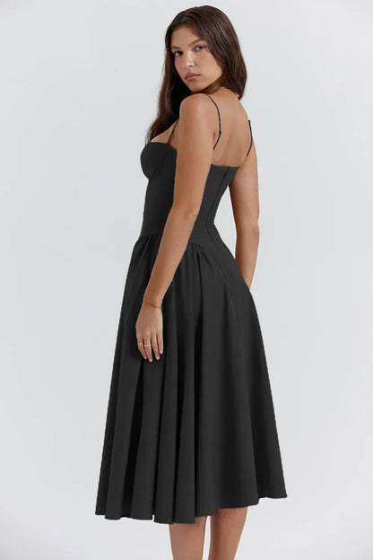 Corset Bustier Spaghetti Strap Basque Waist Pleated Midi Dress