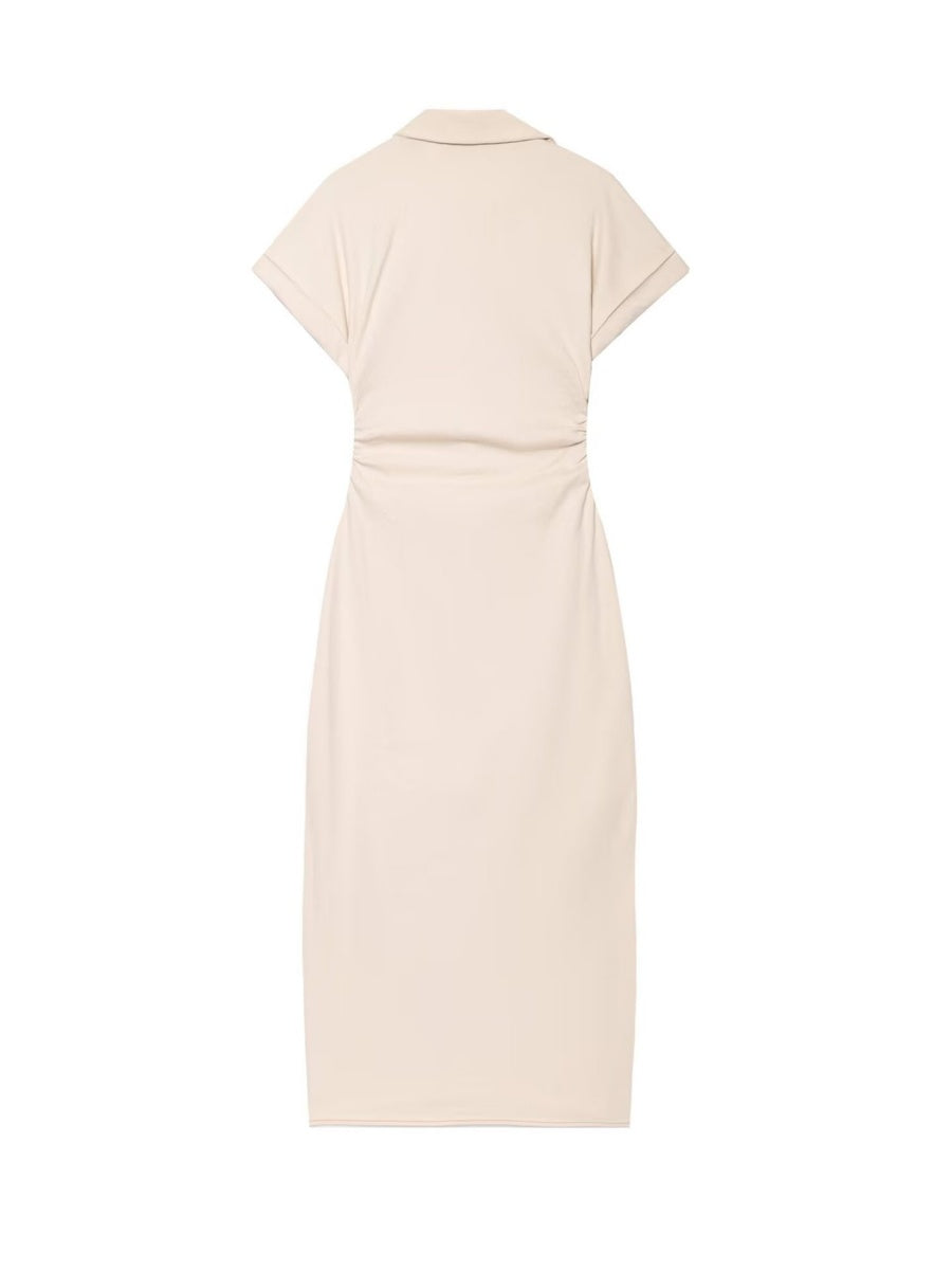 V-neck Short Sleeve Waist Hip-hugging Button Slit Commuting Temperament Maxi Dresses