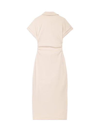 V-neck Short Sleeve Waist Hip-hugging Button Slit Commuting Temperament Maxi Dresses