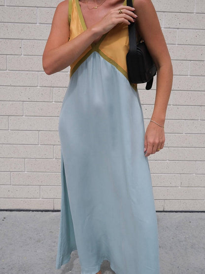 V-neck Sleeveless Color-blocked Maxi Dress