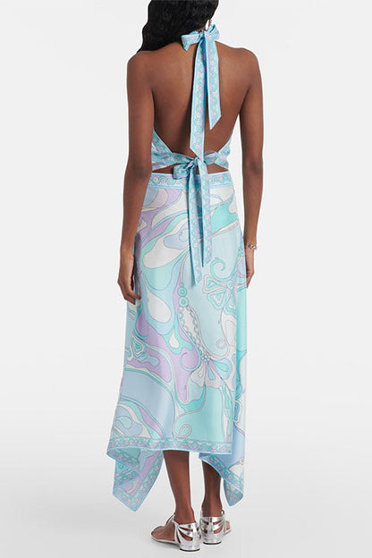 Margovil Printed Halter Tie Knot Backless Top and Irregular Hem Maxi Skirt Set