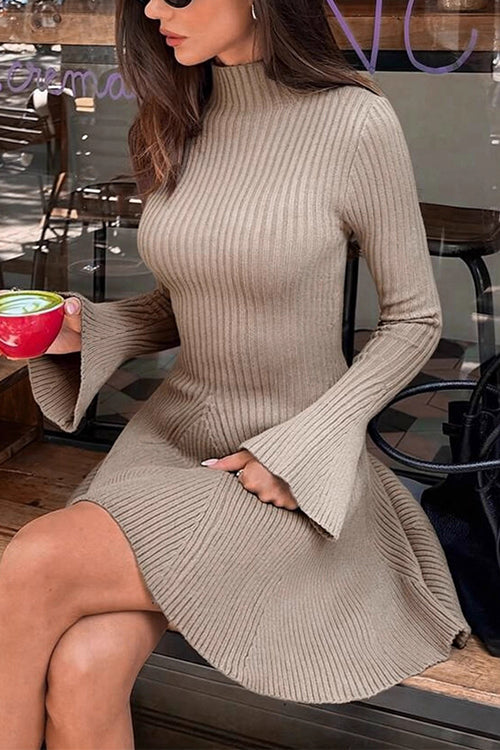 Margovil High Neck Long Sleeves Ribbed Knit Mini Sweater Dress