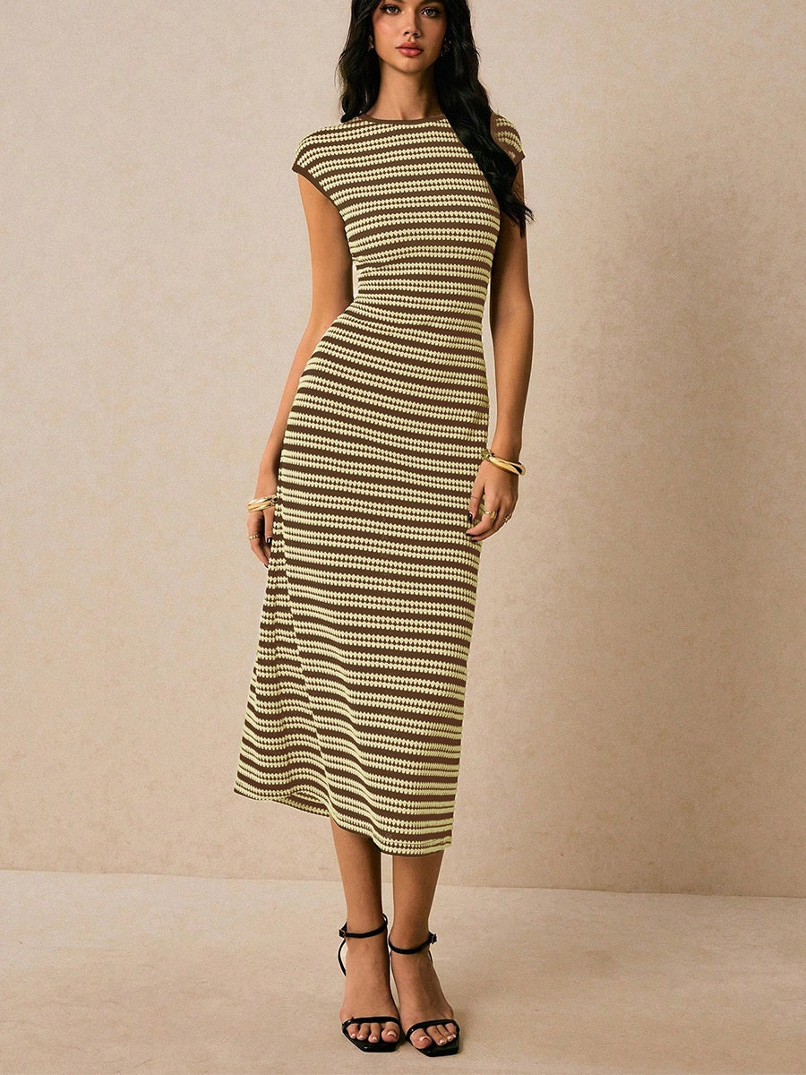 Striped Sleeveless Fitted Midi Dress