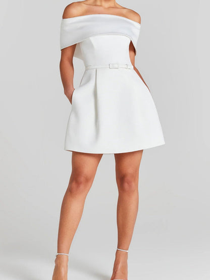Off Shoulder Belts Formal Dress White Black Mini&Short Dresses