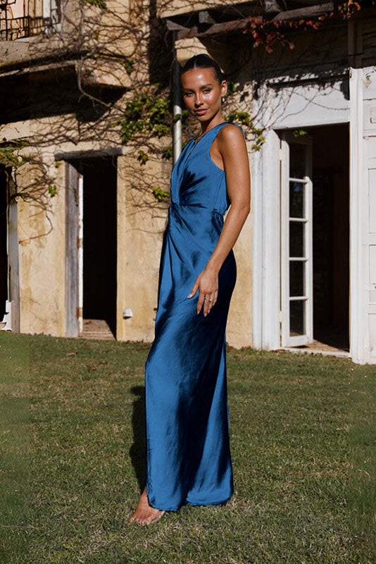 Satin Deep V-Neck Sleeveless Open-Back Cinched Waist Column Maxi Dress