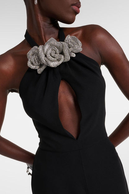 Halter Keyhole Neck Floral Rosette High Slit Maxi Gown