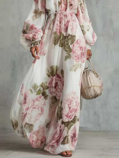 Off Shoulder Balloon Sleeve All-over Print Maxi Dresses