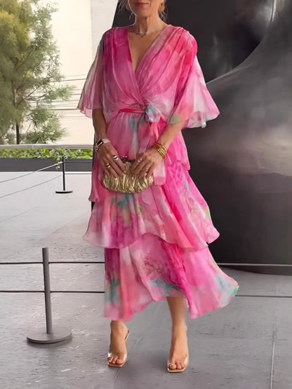 Floral Print Multi-layered Long Dress