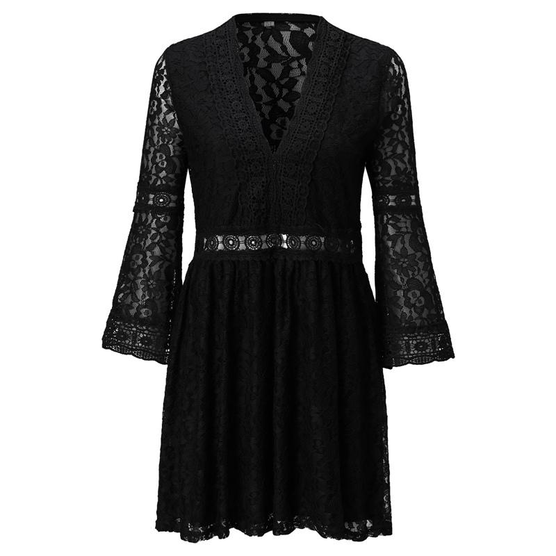 Floral Lace V-Neck Eyelet Trim Empire Waist A-Line Mini Dress
