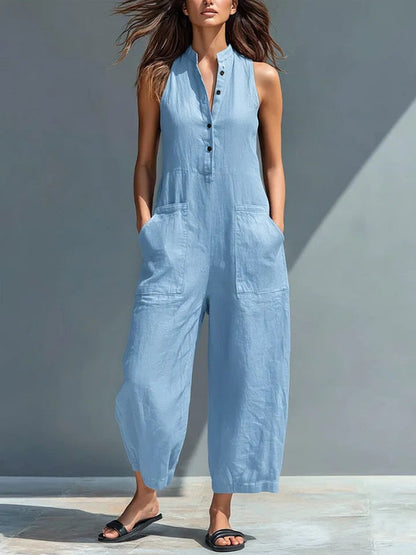 Simple Linen Blend Button-down Stand Collar Sleeveless Loose-fitting Jumpsuit