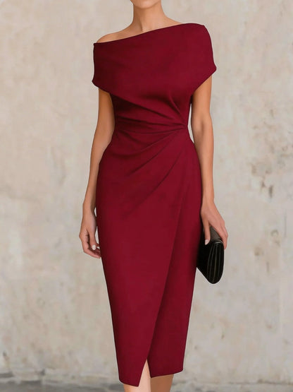 Off-the-shoulder, Fitted Waist, Pleated, Slit Midi Dress