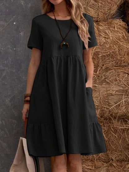 Retro Loose-fitting Pocket Solid Color Round Neck Cotton Linen Short Dress