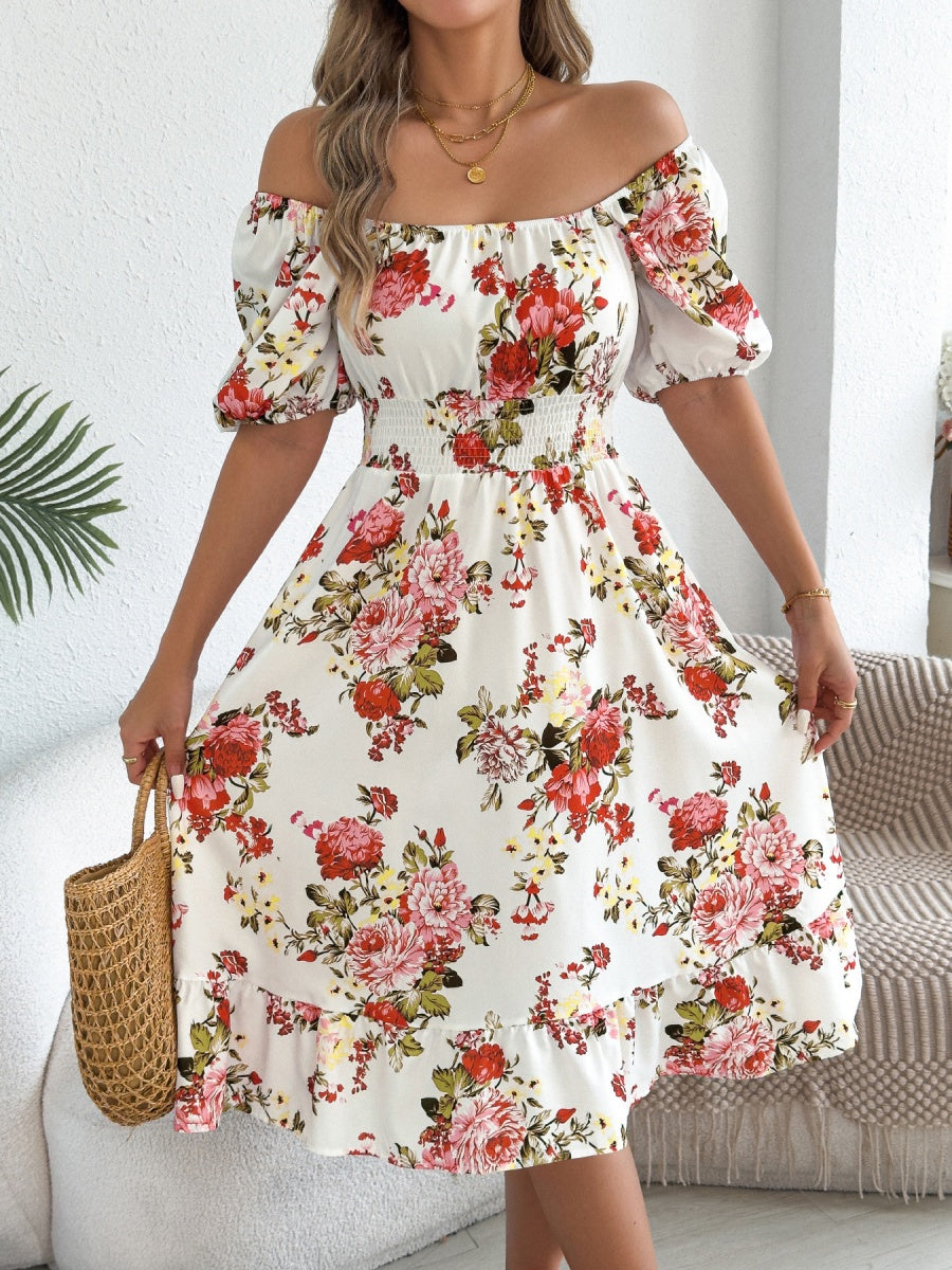 Ruffle Printed Vacation Off-shoulder Mini&Short Dresses