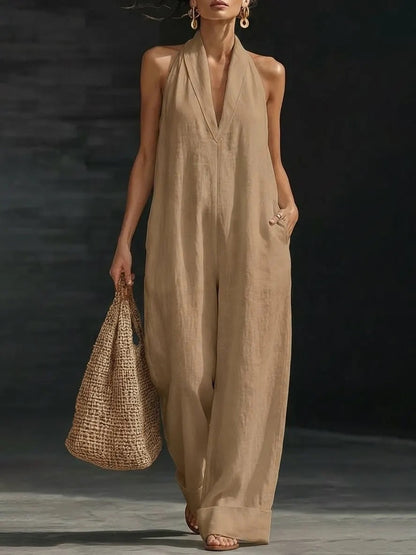 Simple Solid Color V-neck Sleeveless Jumpsuit