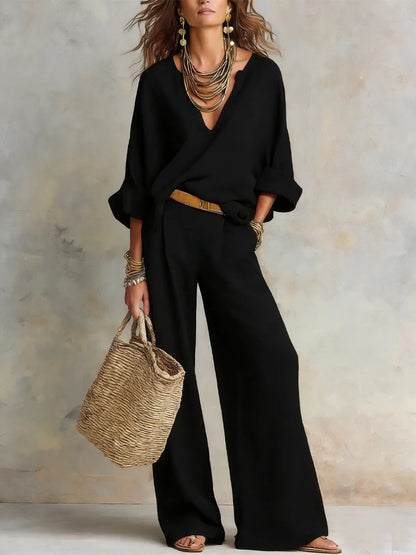 Casual Natural Linen Loose V-neck Vacation Two-piece Set