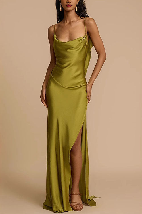 Margovil High Slit Back Drape Cascading Satin Maxi Cami Dress
