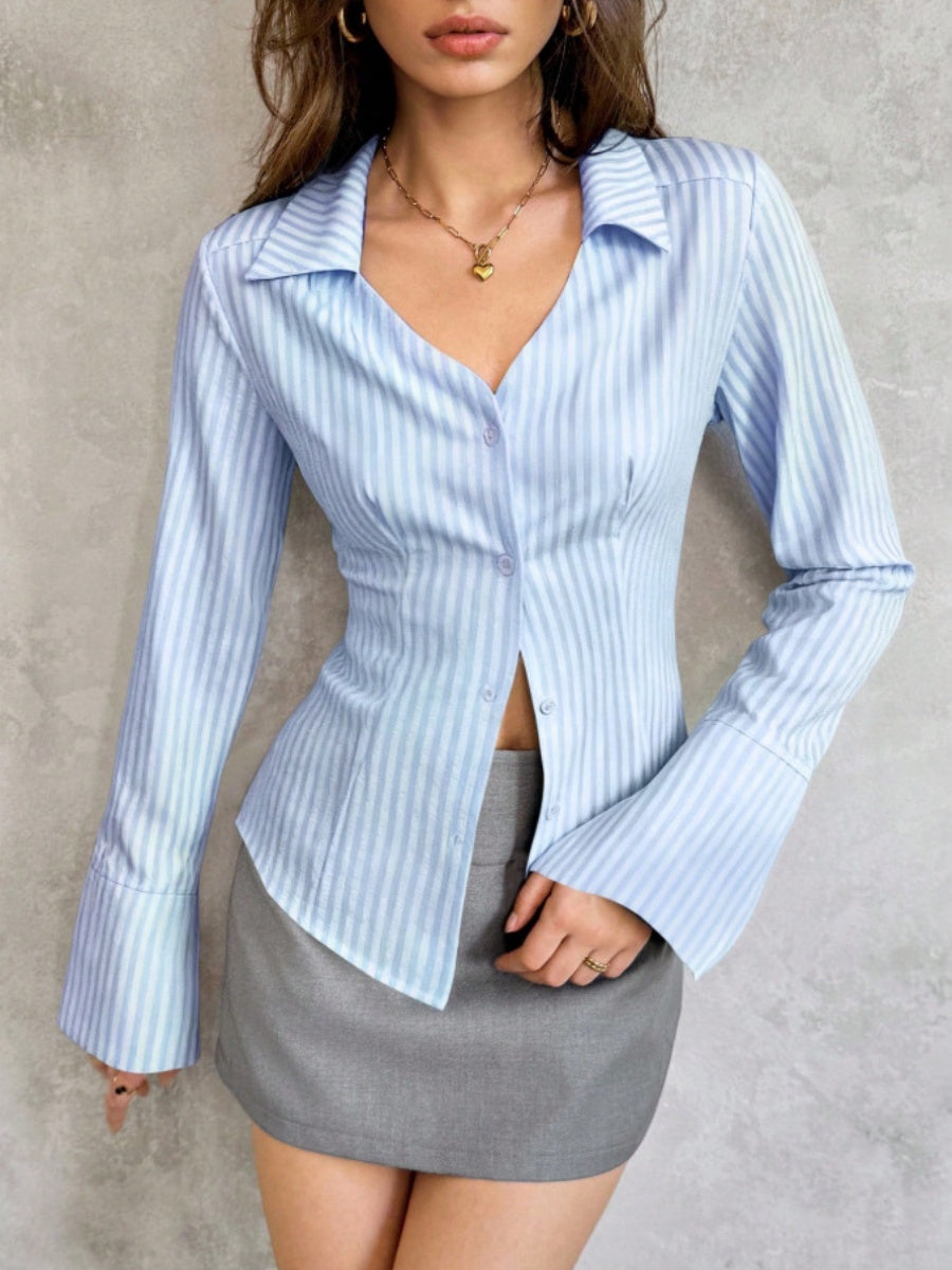 Flared Sleeves Slim-fit Lapel Stripes Shirts