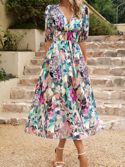 Waist-cinching Deep V-neck Floral Print Maxi Dresses