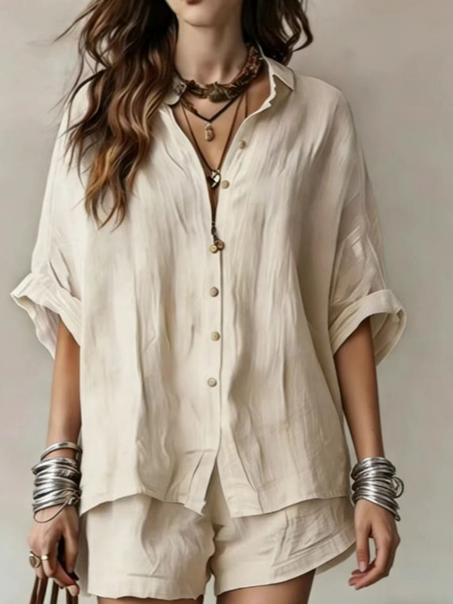Blended Loose-fit Mid-length Sleeves Shirts Shorts Set 2-piece Sets