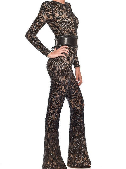 Lace-trimmed Bodycon Jumpsuit With Belt