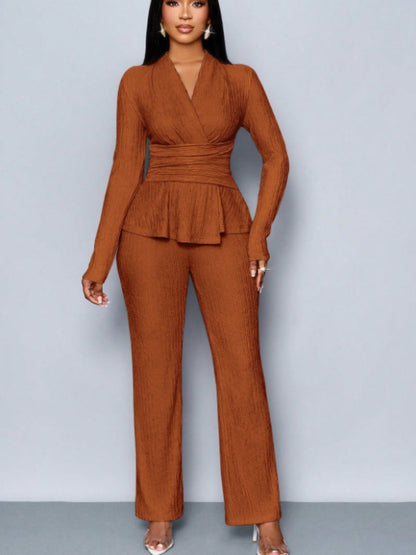 Long-sleeved, Irregular Hem, Fitted Top And Slimming Solid Color Trousers Two-piece Set