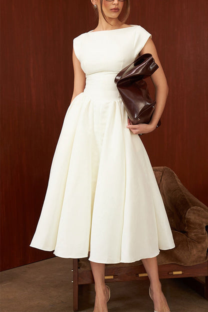 Margovil Cap Sleeves Open Back Waisted Swing Midi Dress
