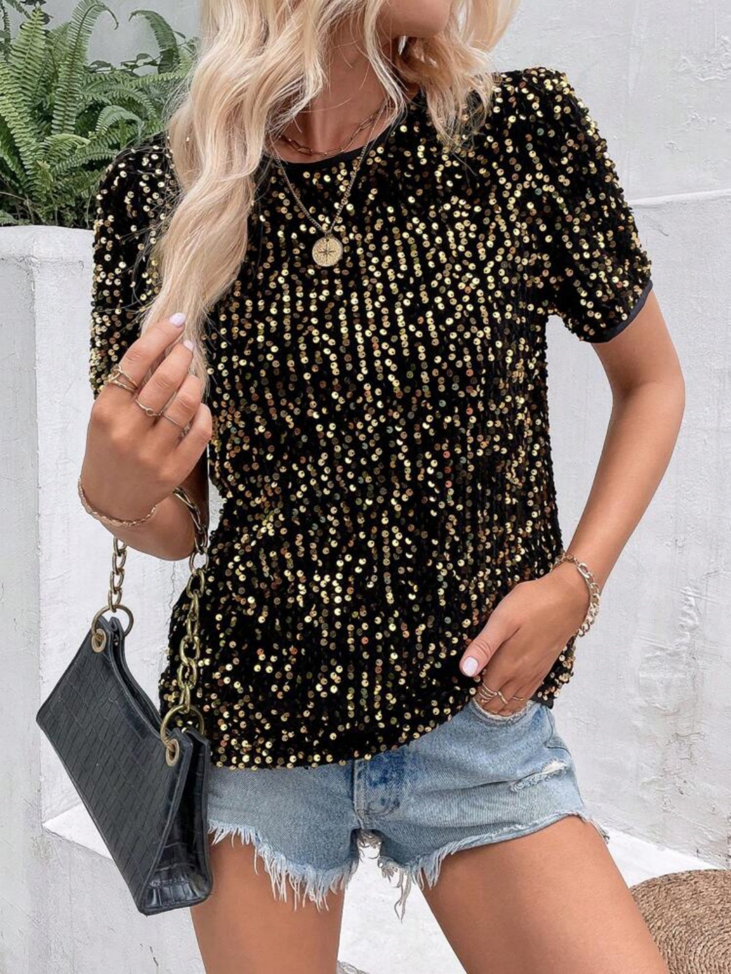Sequins Crew Neck Short Sleeve T-shirt