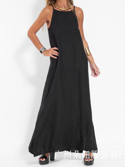 Cotton Linen Slit Spaghetti Strap Long Dress