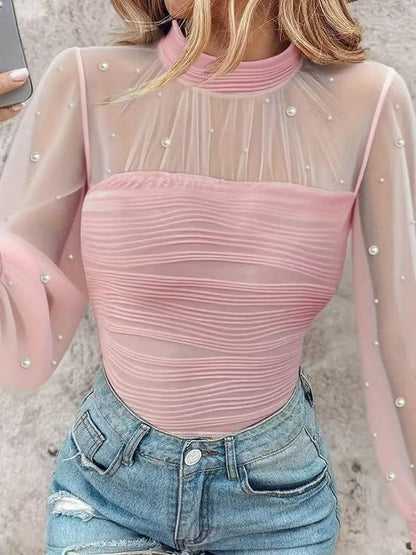 Beading Gathering Gauze T-shirt Sheer Tops