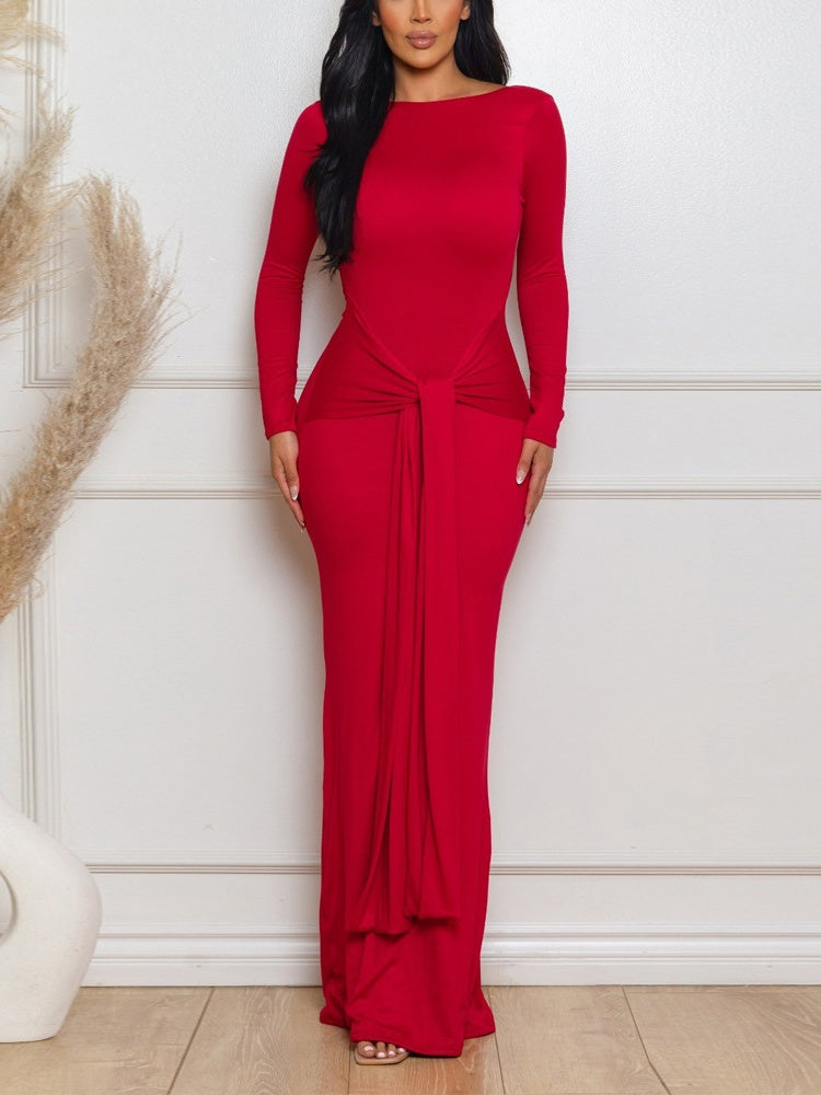 Kink Solid Color Waist-cinching Backless Long Dress