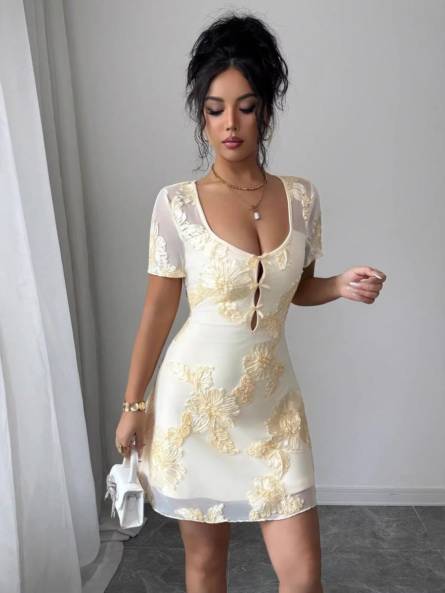Mesh Embroidery Square Collar Mini&Short Dresses