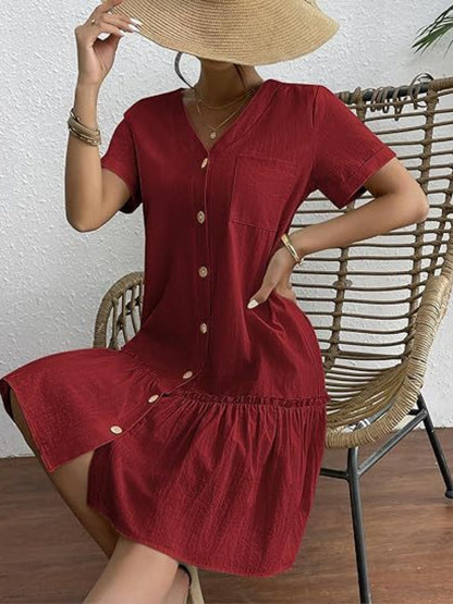 Single Row V-neck Loose-fit Short Sleeve Mini&Short Dresses