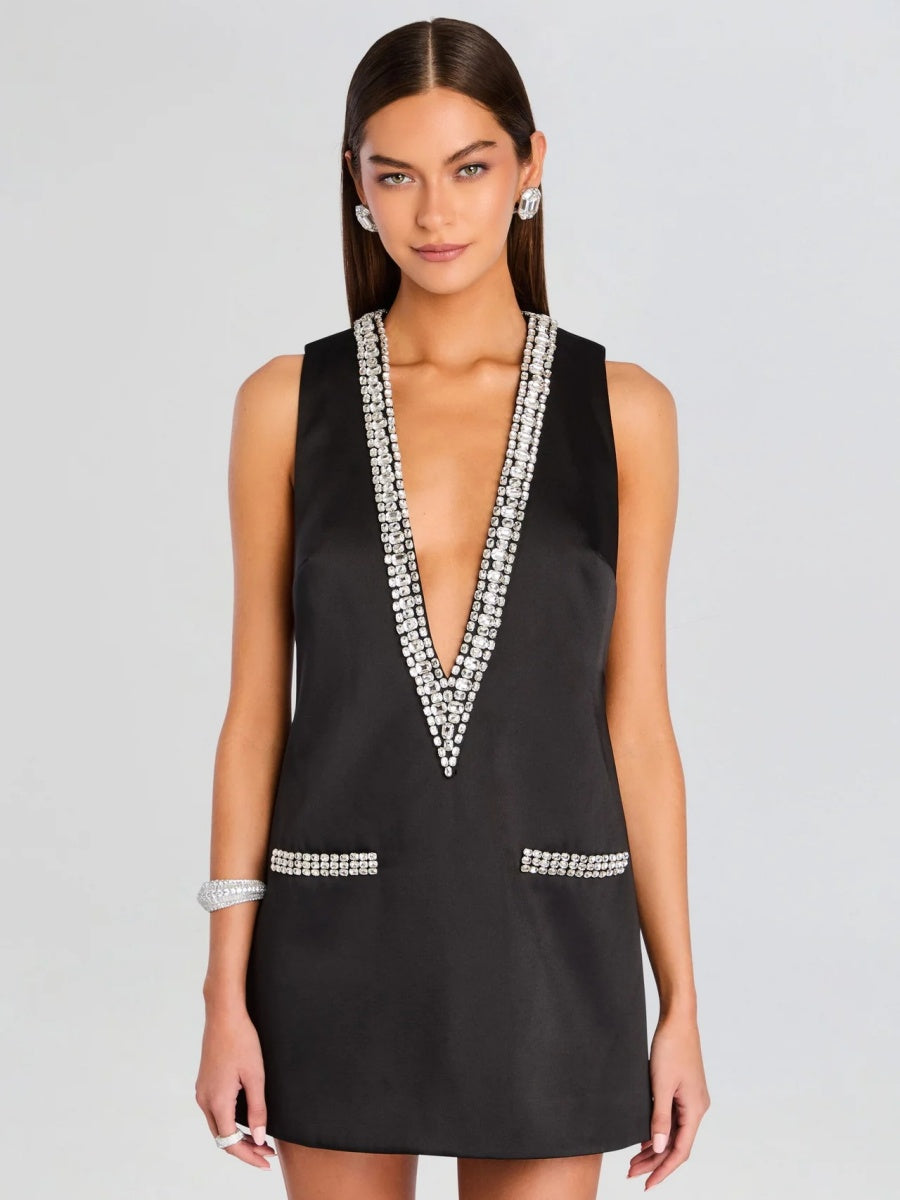 V-neck Rhinestone-studded Sleeveless Temperament Grace Parties Mini&Short Dresses