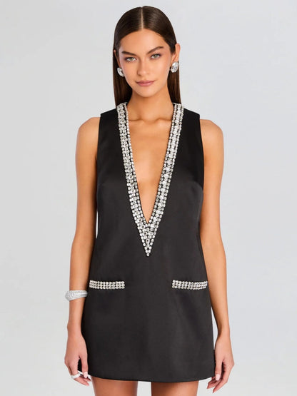 V-neck Rhinestone-studded Sleeveless Temperament Grace Parties Mini&Short Dresses