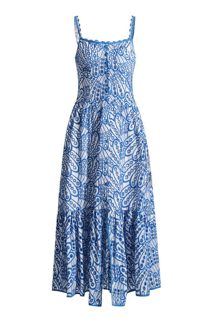 Eyelet Embroidery Spaghetti Strap Smocked Tiered Ruffle Hem Maxi Dress