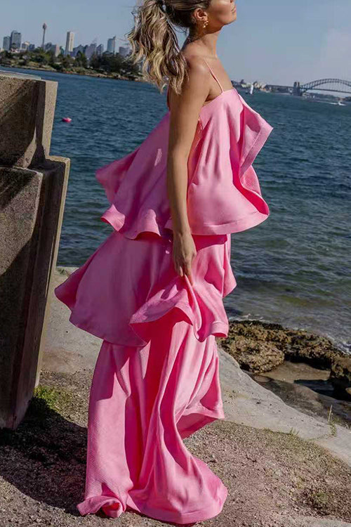Margovil Adjustable Strap Ruffle Layered Satin Maxi Dress